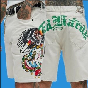 Ed Hardy Battle Skull Skater Denim Shorts - Khaki